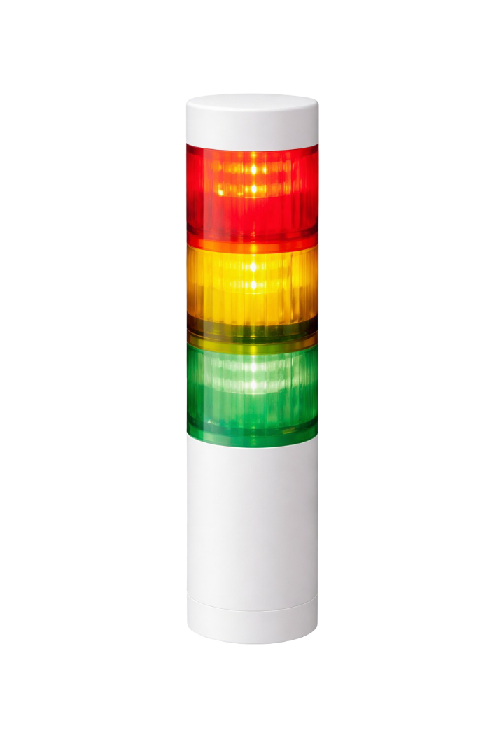 Three-tier PATLITE LR6 signal tower with red, yellow and green modules and an off-white body