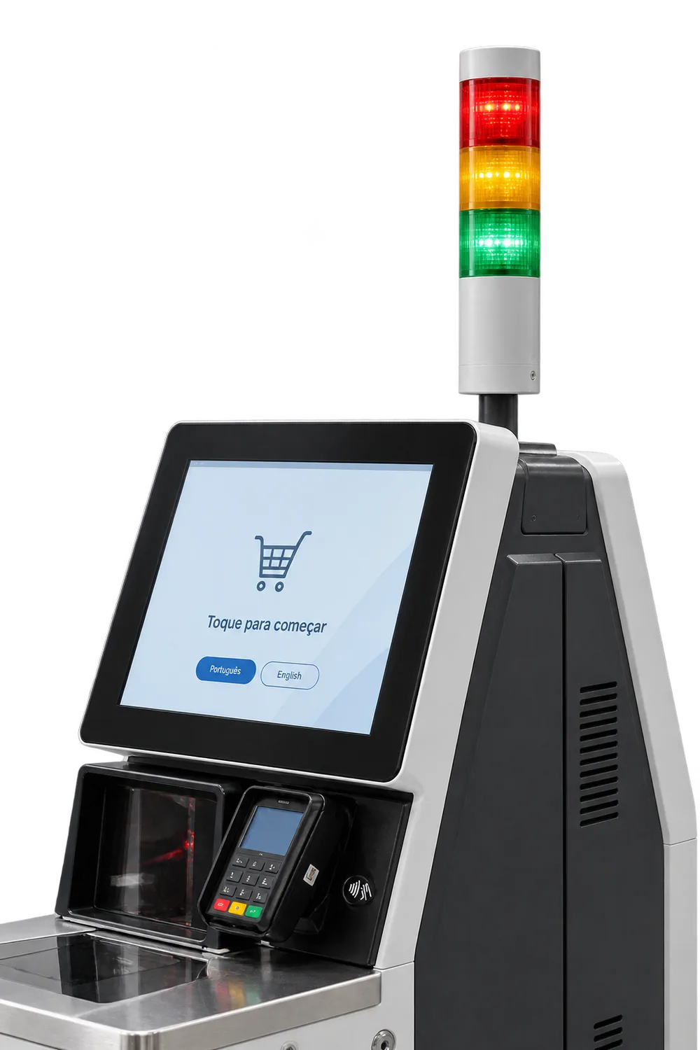 Signal tower and self-service screen in Portuguese, with barcode scanner and payment pinpad