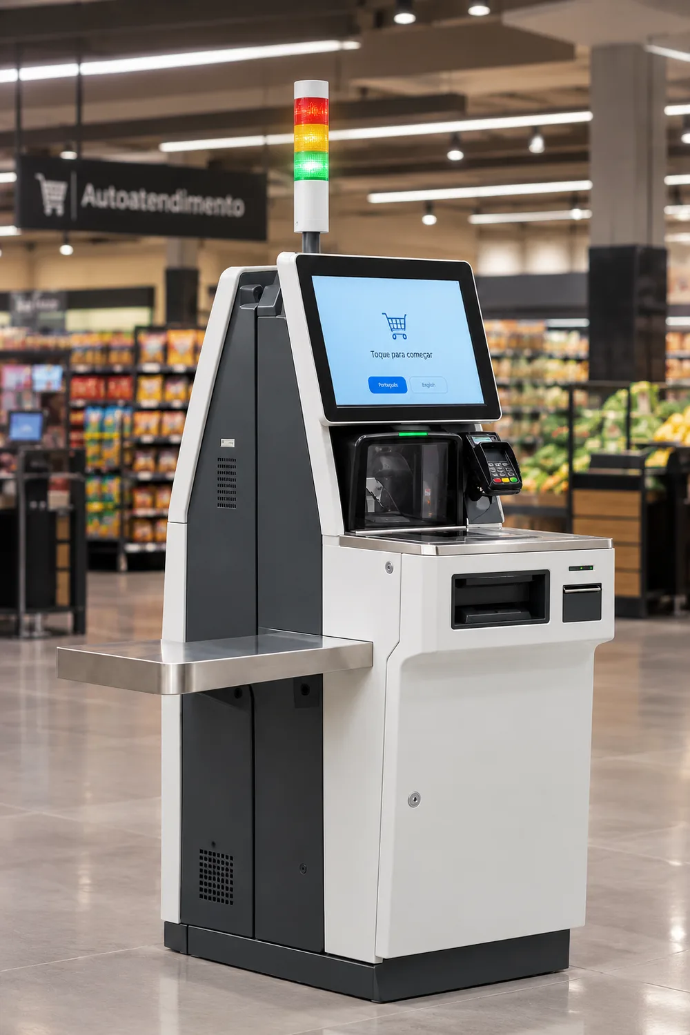 Supermarket self-checkout terminal with a three-tier signal tower installed on top, under a self-service sign