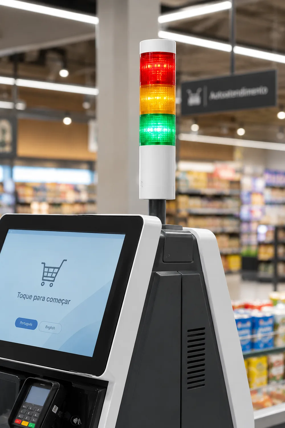 Close-up of the three-tier signal tower mounted on a self-service terminal, with the supermarket aisles in the background