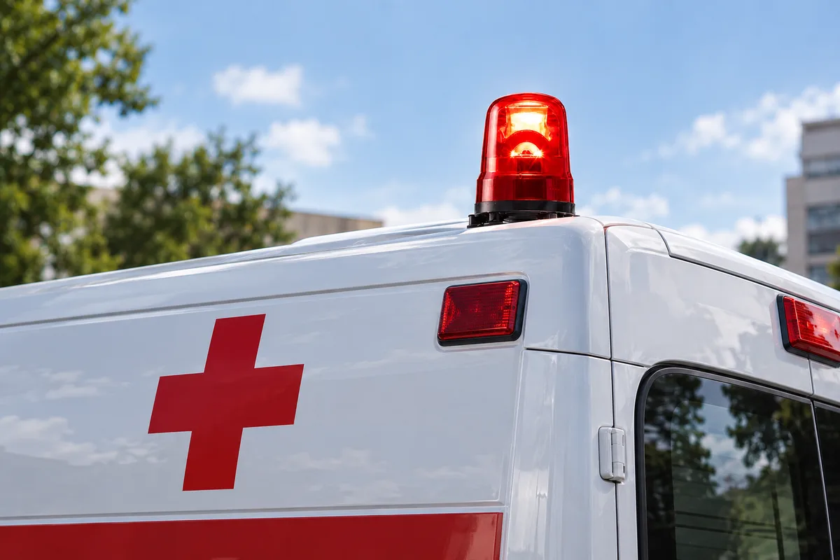 Ambulância branca com sinalizador rotativo vermelho aceso no teto, vista de trás sob céu azul