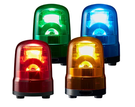 Quatro sinalizadores rotativos PATLITE da série SK acesos, nas cores verde, azul, vermelho e âmbar